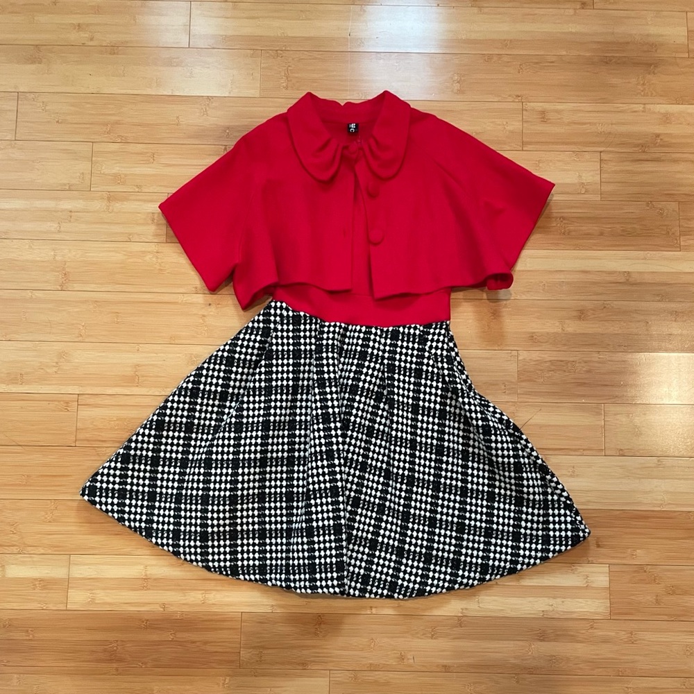 BNWOT Red and Black Tweed Holiday Dress with Cape - Size S